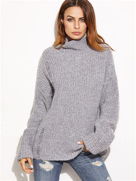 Grey Marled High Neck Ripped Oversized Sweater Sheinsheinside