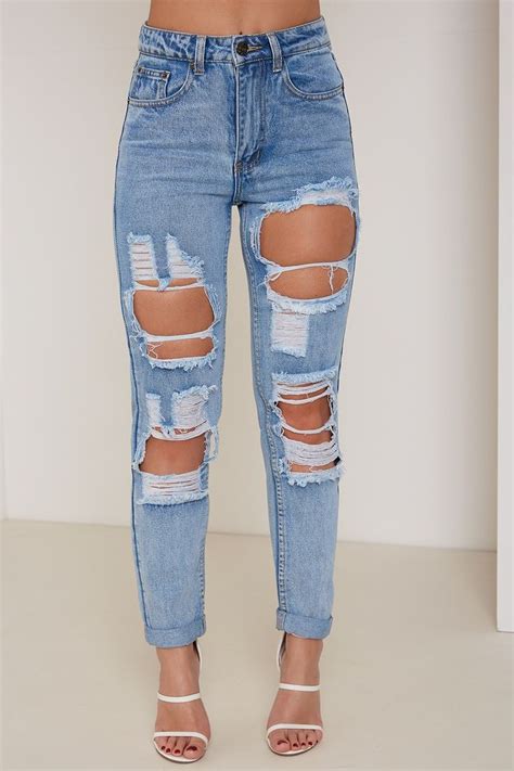Blue High Waisted Ripped And Distressed Mom Jeans Jeans Denim