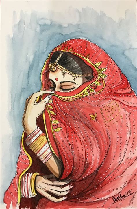 Indian Bride In Veil Watercolor And Ink Pen On Paper From