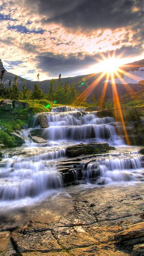 Earth Waterfall Waterfalls Mountain Stream Sun Sunrise Nature