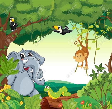 An Elephant In The Jungle Surrounded By Monkeys