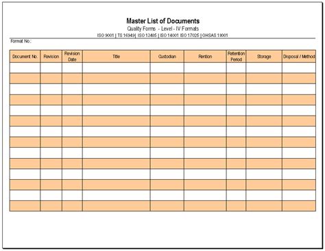 Master List Of Documents Format Samples Word Document Download