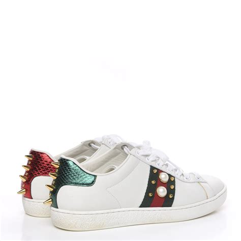 Gucci Calfskin Web Pearl Studded Womens Ace Sneakers 365 White 591233
