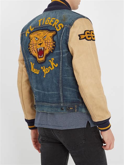 Sleeve length is taken from the center back of the neck and changes 1 between sizes. Polo Ralph Lauren Leather-sleeved Denim Varsity Jacket in ...