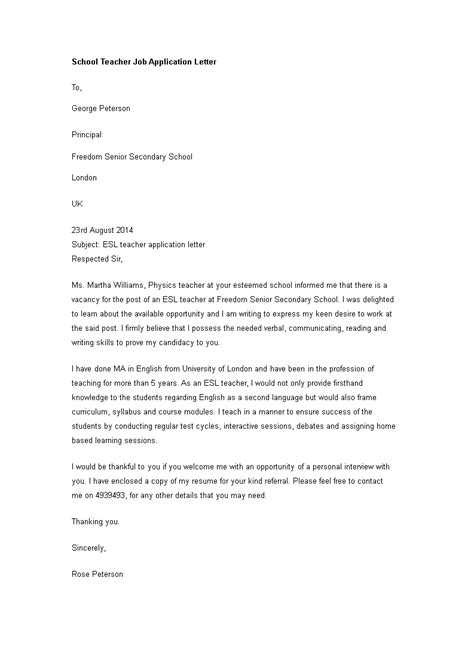 For example, if the position is for a kindergarten teacher, then the position may indicate that you need to have if the job posting includes a job number that you need to reference, you might want to include it here. School Teacher Job Application Letter | Templates at ...