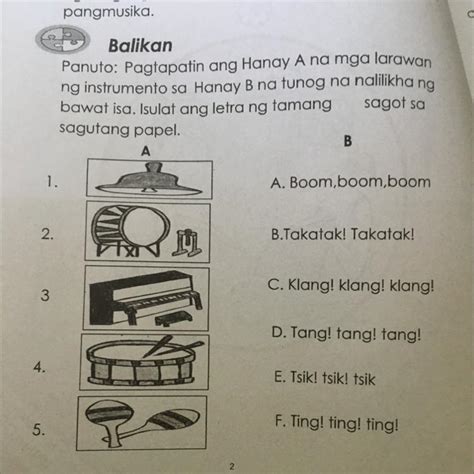 Balikan Panuto Pagtapatin Ang Hanay A Na Mga Larawan Ng Instrumento Sa