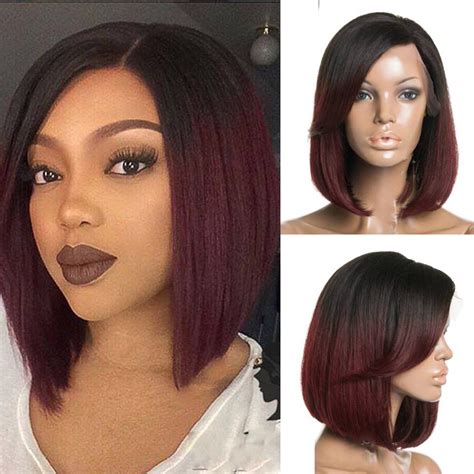 Ombre Black To Dark Wine 99j Straight Short Bob Human Hair Lace Front