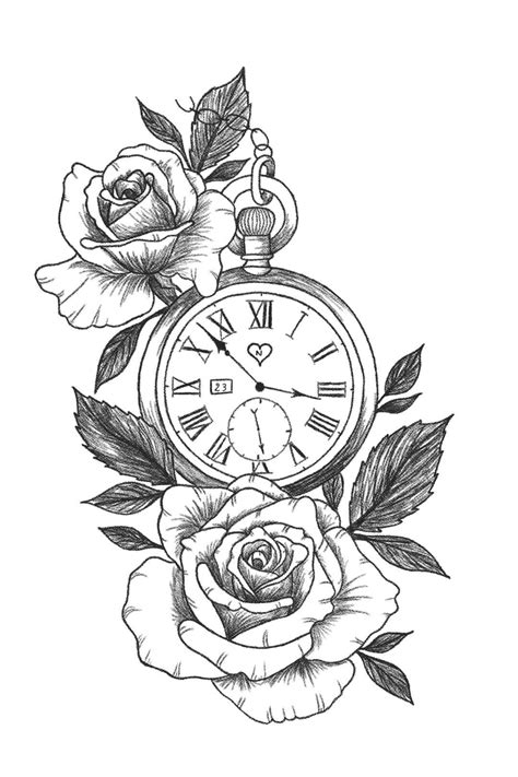 Realistic Rose And Clock Tattoo Stencil Best Tattoo Ideas