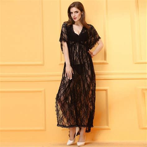 high quality plus size sexy sheer mesh voile lingerie deep v collar side slit nightgown pajamas
