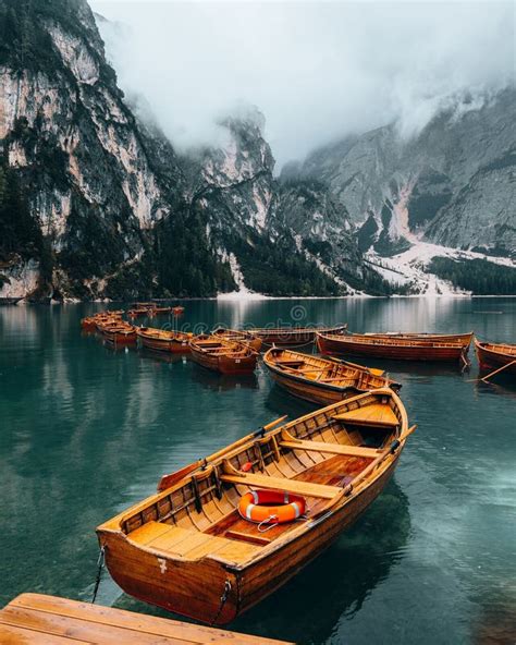 Wooden Boats At Lago Di Braies Stock Image Image Of Tyrol