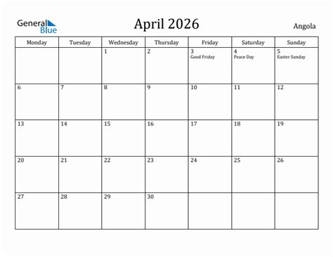 April 2026 Angola Monthly Calendar With Holidays
