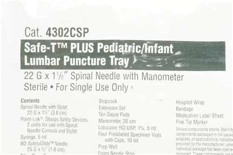 Carefusion 4302csp Safe T Plus Pediatric Lumbar Puncture Tray 22ga X 1