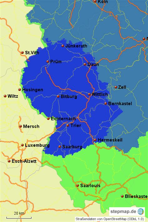 The odbl does not require any particular license for maps produced from odbl data; StepMap - Eifel-Lux - Landkarte für Deutschland