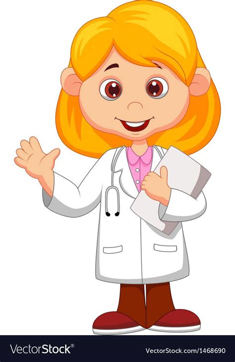 Cute Little Female Doctor Cartoon Waving Hand Vector Image On สติกเก