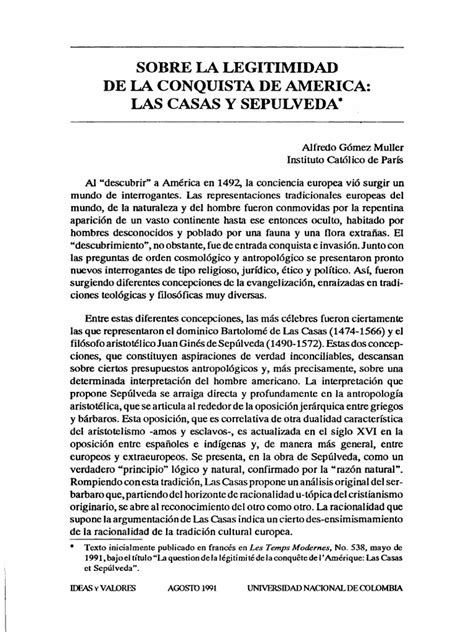 Sobre La Legitimad De La Conquistade Las Casas Y Sepúlveda Pdf