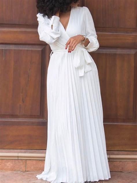 V Neck Pleated White Maxi Dress Queenfy Long Sleeve White Maxi