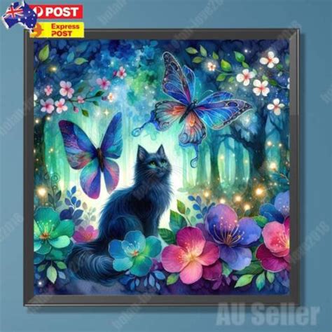 Diy Full Round Drill Diamond Painting Cat And Butterfly In Mystic
