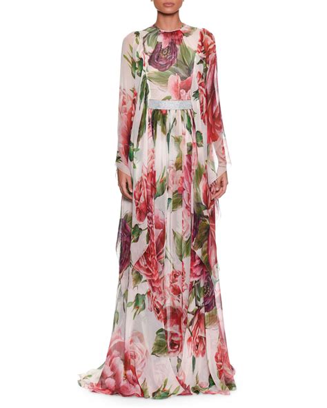Dolce And Gabbana Long Sleeve Rose And Peony Print Silk Chiffon Evening