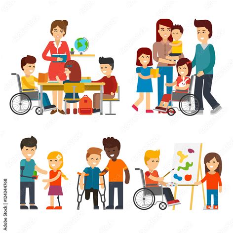 Disability Person Vector Flat Illustration Young Disabled People And
