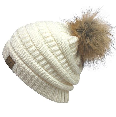 knit thick super soft fleece lined warm pom pom beanie white cw189xnai7s hats and caps