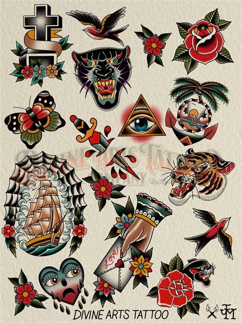 Tattoo Flash Poster Traditional Tattoo Sleeve Old School Tattoo