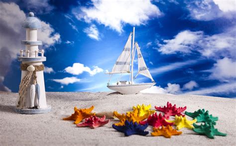 Sky Sailing Boats Lighthouse Starfish Toys Clouds Sand
