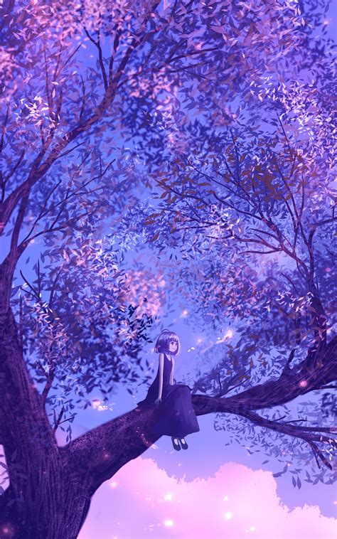 800x1280 Anime Girl Sitting On Purple Big Tree 4k Nexus 7samsung