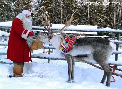 Image Santa Claus Feeding Reindeer In Lapland Finland Winter Wonderland Christmas Santa