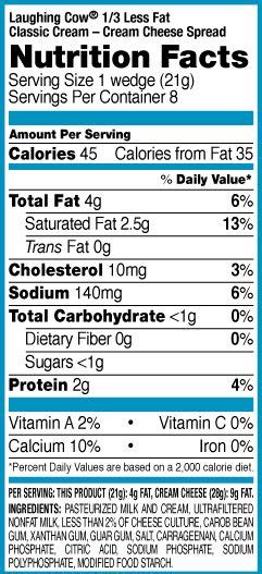 Bookmark this cheese nutrition comparison chart and guide that breaks down how popular cheeses, such as brie, mozzarella, swiss and even vegan before buying cheese, read the nutrition facts label on the package. The Laughing Cow® Smooth Sensations™ Cream Cheese Spread ...