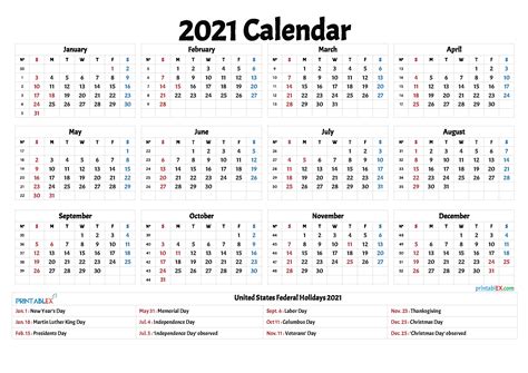 2021 Federal Calendar