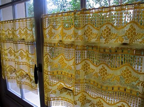 Cafe Curtains Pair Yellow Lace Curtains Golden Sheer Etsy Cortinas De Café Cortinas De