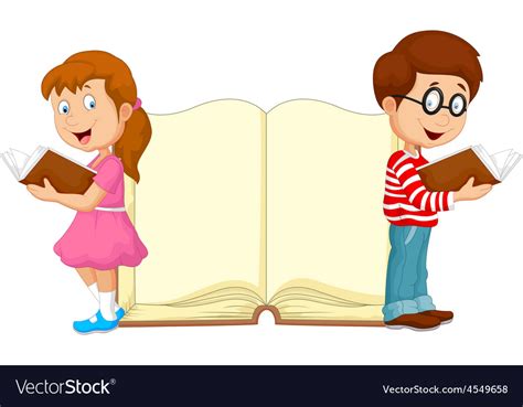 Cartoon Kids Reading Book With Giant Book Backgrou