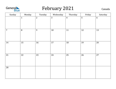 A list of public holidays is available on the calendar. February 2021 Calendar - Canada