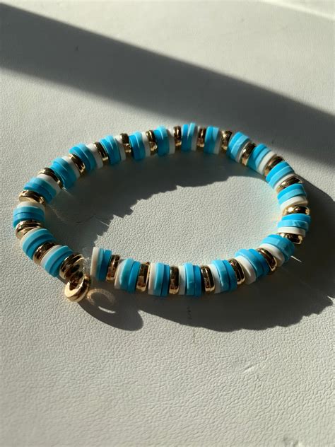 Trendy Blue White And Gold Clay Bead Bracelet Etsy