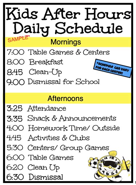 Sample Daily Schedule Kids After Hours
