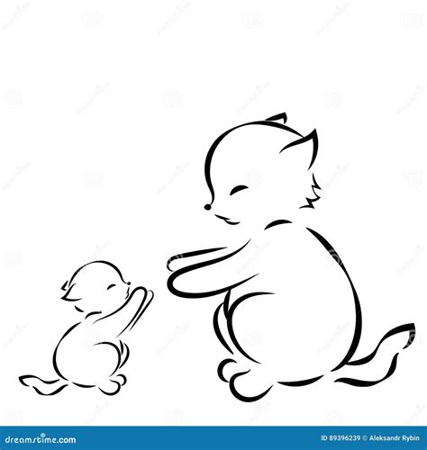Vector Outline Drawing Cat And Kitten On White Background Stock