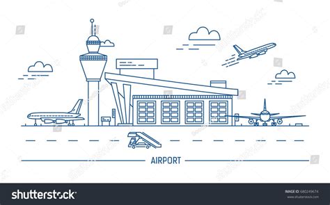 Airport Aircraft Lineart Black And White Illustration With Air