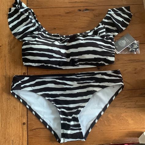 Vince Camuto Swim Vince Camuto Zebra Ruffled Shoulder Bikini Black