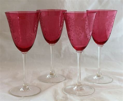 Antique Set 4 Intaglio Cameo Engraved Cranberry Glass Crystal Wine Goblets Cranberry Glass