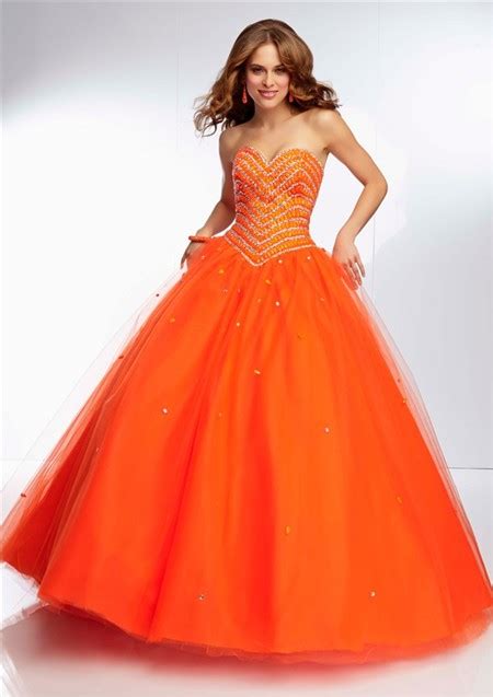 ball gown sweetheart neckline long orange tulle tonal beaded prom dress corset back