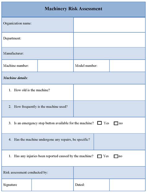 Assessment Template For Machinery Risk Example Of Machinery Risk