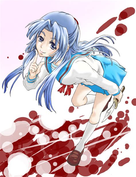 Safebooru Asakura Ryouko Blood Blue Eyes Blue Hair Highres Knife