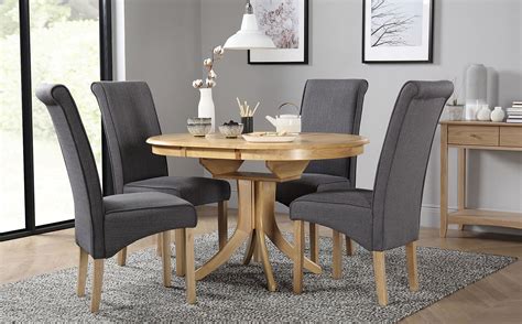 Hudson Round Oak Extending Dining Table With 6 Stamford Slate Fabric