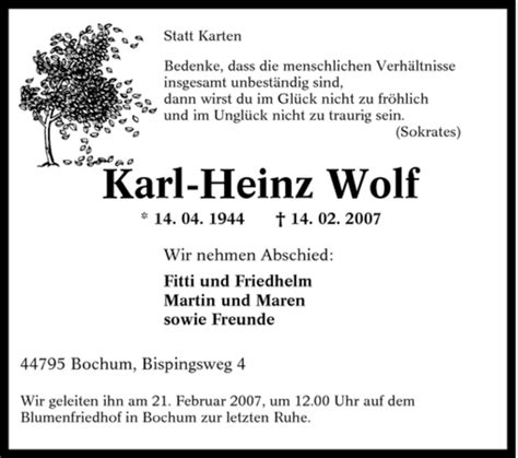 Traueranzeigen Von Karl Heinz Wolf Trauer In Nrwde