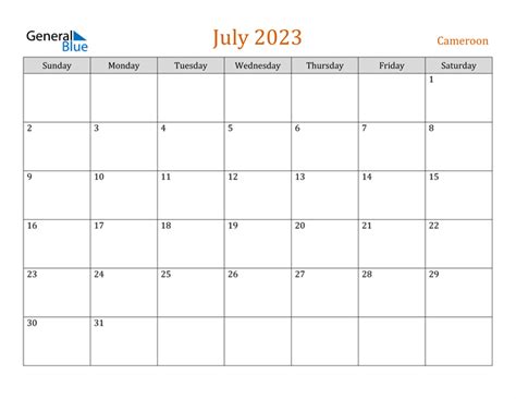 Cameroon July 2023 Calendar With Holidays