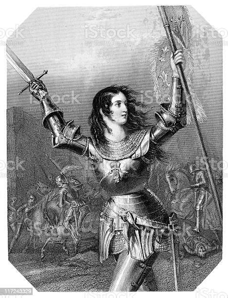 Vintage Black And White Depiction Of Joan Of Arc In Battle Stock