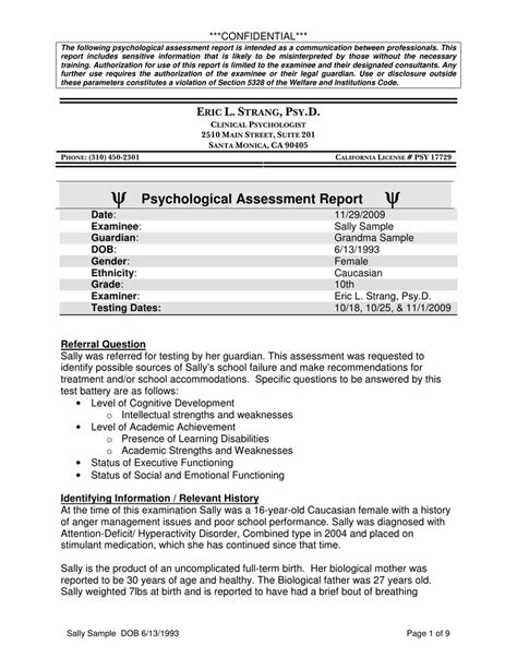 Clinical Psychological Assessment Report Sample Brainshunter