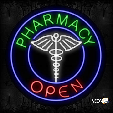 Pharmacy Open With Logo And Blue Circle Border Neon Sign