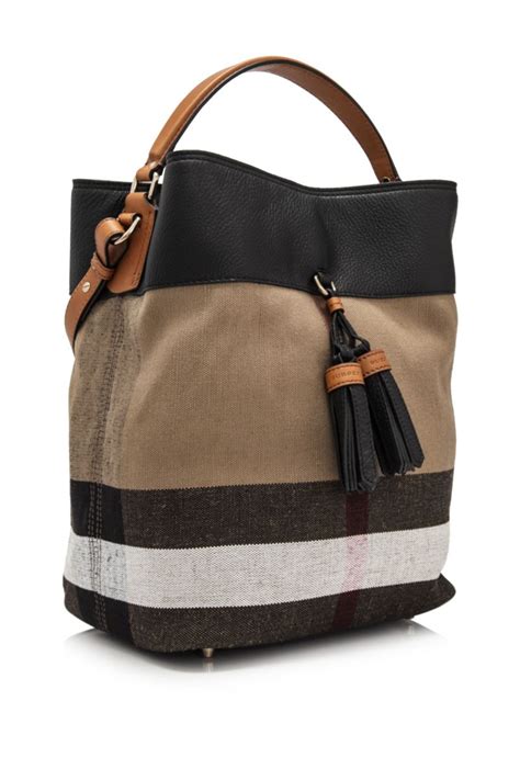 Burberry Brit Grainy Canvas Check Medium Ashby Tassel Hobo Bucket Bag