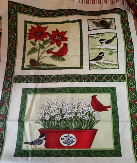 Sewing Fabric Moda 23x45 Panel Christmas Floral Cardinal Chickadee